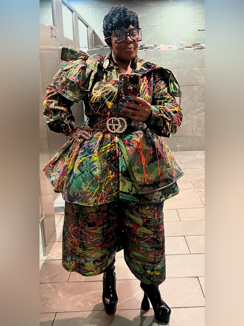 Paint-Splatter Camo Quilted Jacket & Pants Set - Green Multi